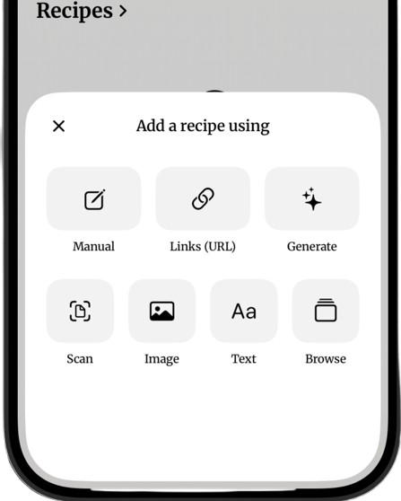 Add a recipe using Manual, Links, Generate, Scan